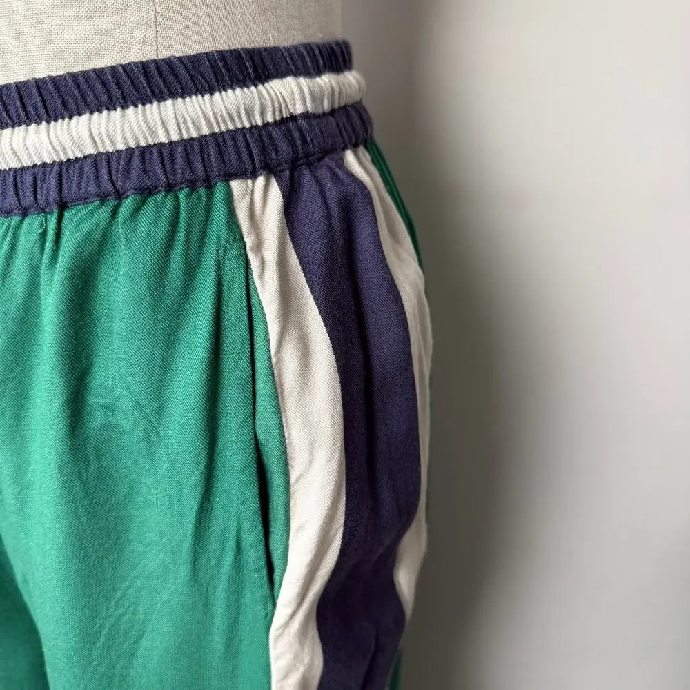 Farm Rio x Anthropologie Green Navy Wide Leg Track Pants Striped Drawstring S - Picture 15 of 16